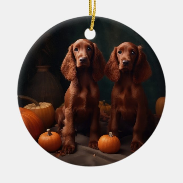 Irish Red Setter Welppy Autumn Delight Pumpkin Keramik Ornament (Vorne)