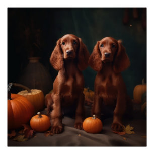 Irish Red Setter Welppy Autumn Delight Pumpkin Poster