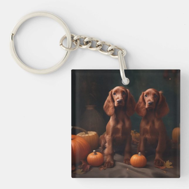 Irish Red Setter Welppy Autumn Delight Pumpkin Schlüsselanhänger (Vorderseite)