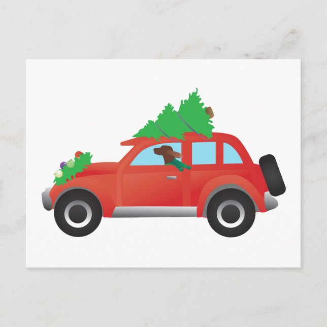 Irish Setter Auto mit Weihnachtsbaum Feiertagspostkarte (Vorderseite)