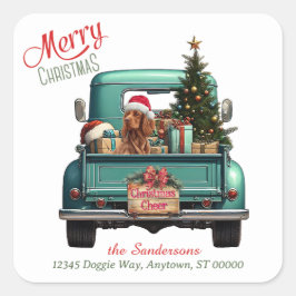 Irish Setter Dog Retro Truck Weihnachten Quadratischer Aufkleber
