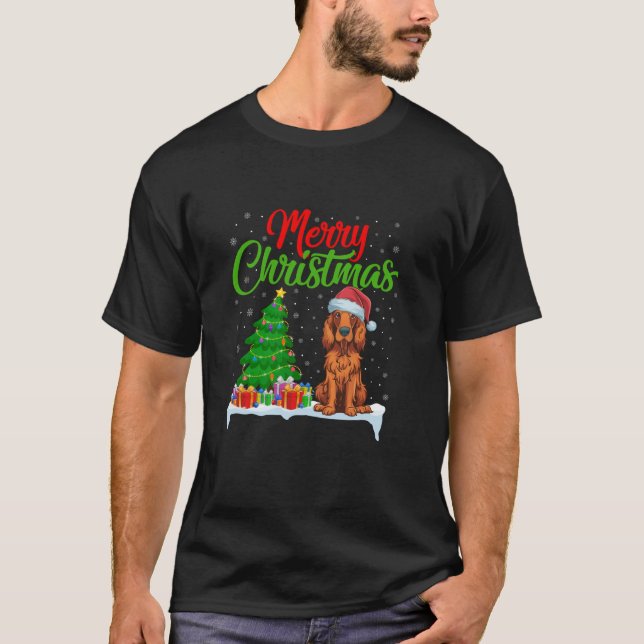 Irish Setter Dog Weihnachtsbaum Lichter Funny Xmas T-Shirt (Vorderseite)