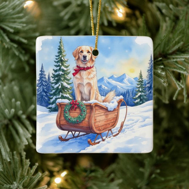 Irish Setter Enjoying Christmas Sleigh Ride Winter Keramikornament (Baum)