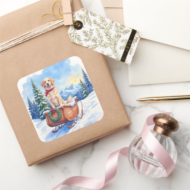 Irish Setter Enjoying Christmas Sleigh Ride Winter Quadratischer Aufkleber (Schenken)