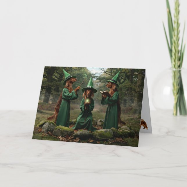Irish Setter Hexe Halloween Karte (Vorderseite)