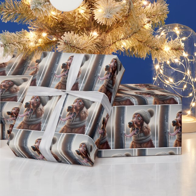 Irish Setter Hund leckt einen gefrorenen Pole Geschenkpapier (Feiertage)