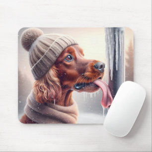 Irish Setter Hund leckt einen gefrorenen Pole Mousepad