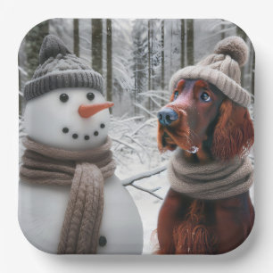 Irish Setter Hund mit einem Schneemann Pappteller