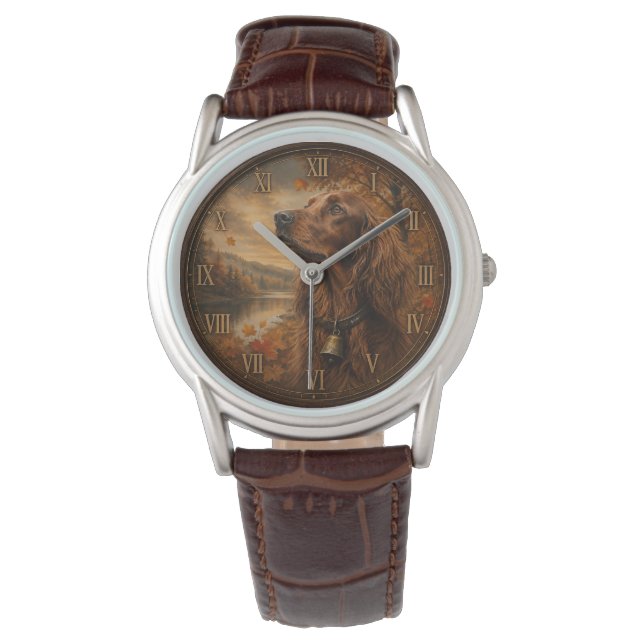 Irish Setter im Herbst – Rustikale Jagdhund-Kunst Armbanduhr (Vorderseite)