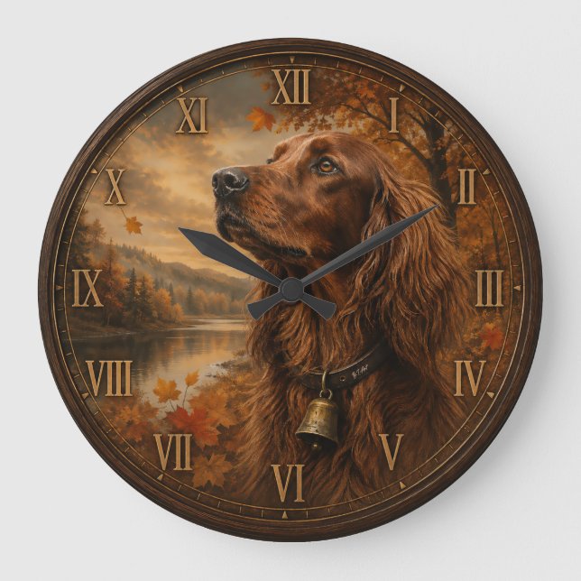 Irish Setter im Herbst – Rustikale Jagdhund-Kunst Große Wanduhr (Vorderseite)