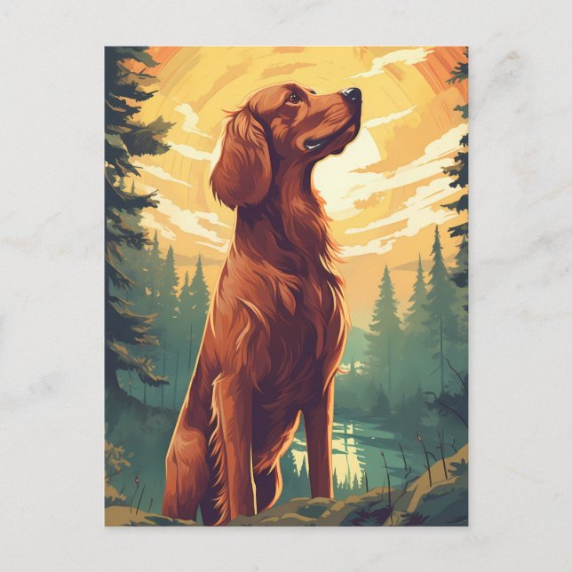 Irish Setter im Wald bei Sonnenuntergang Postkarte (Vorderseite)