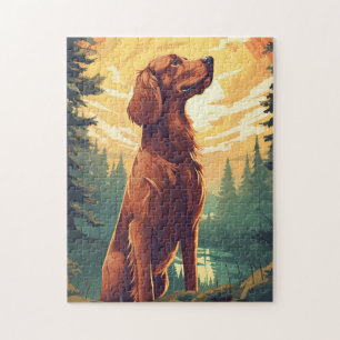Irish Setter im Wald bei Sonnenuntergang Puzzle