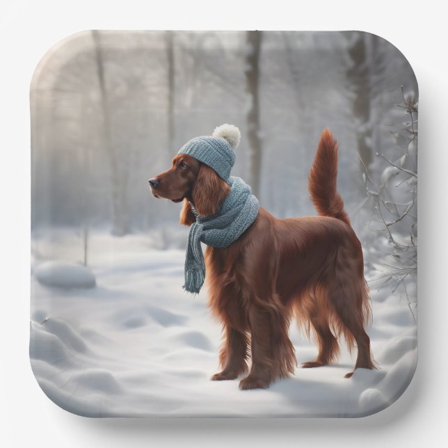 Irish Setter in Winterwald Pappteller (Vorderseite)