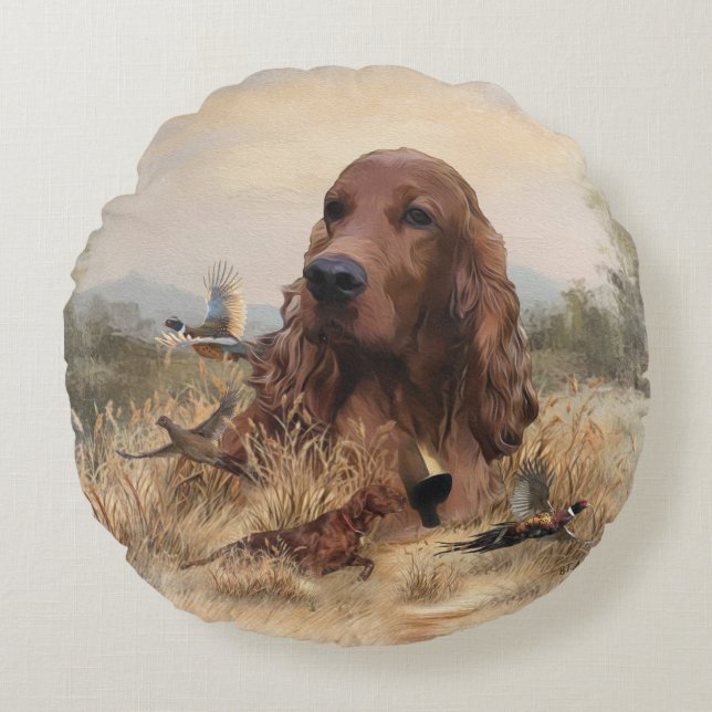 Irish Setter Jagd Fasant, Art Rundes Kissen (Vorderseite)