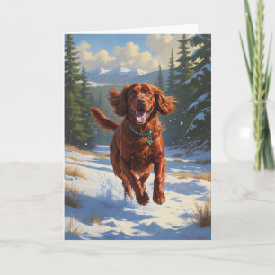 Irish Setter läuft durch Schnee Feiertagskunst Karte