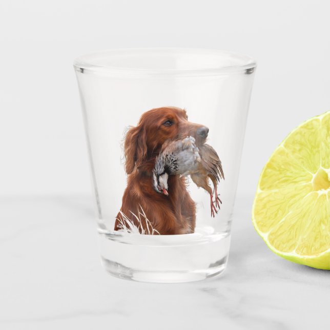 Irish Setter mit Chukar Rebhuhn ,Art  Schnapsglas (Vorderseite)