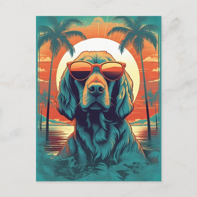 Irish Setter mit Sonnenbrille am Strand Postkarte (Vorderseite)