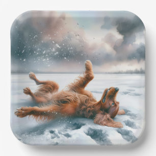 Irish Setter Rolling in Snow Pappteller
