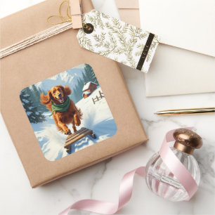 Irish Setter Schlittenfahrt-Abenteuer Weihnachtsma Quadratischer Aufkleber