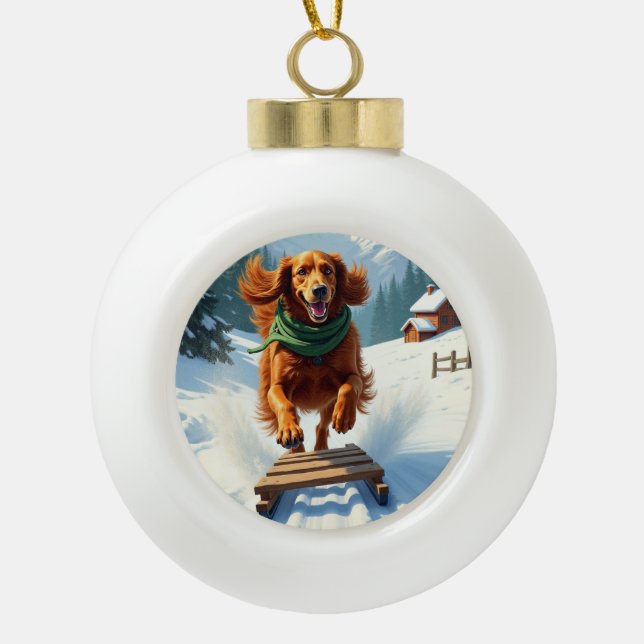 Irish Setter Sledding Adventure Christmas Painting Keramik Kugel-Ornament (Vorderseite)