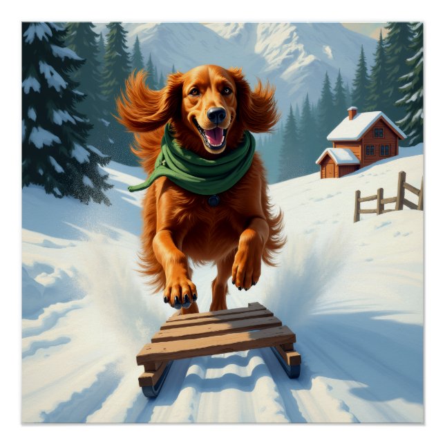 Irish Setter Sledding Adventure Christmas Painting Poster (Vorderseite)