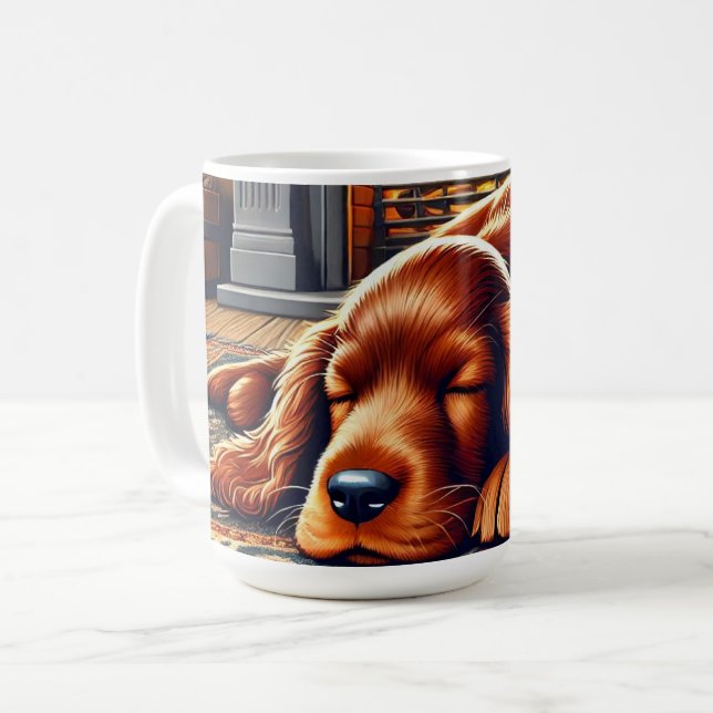 Irish Setter Welpe Schlafen durch einen warmen Kam Kaffeetasse (Vorderseite Links)