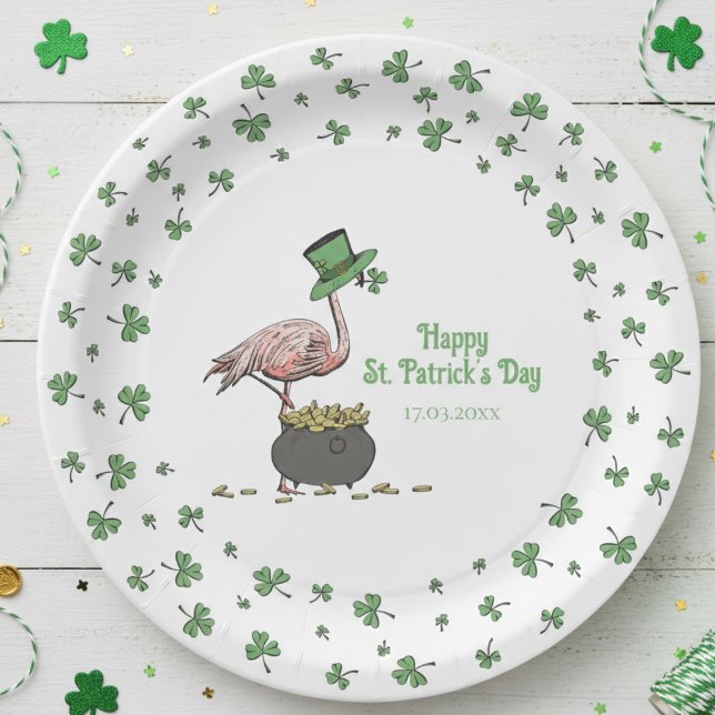 Irish Shamrock Flamingo St. Patrick’s Day Party Pappteller (Cute Saint Patrick's Day Party Paper Plates. Lucky Green Clover Border with Funny Irish Flamingo)