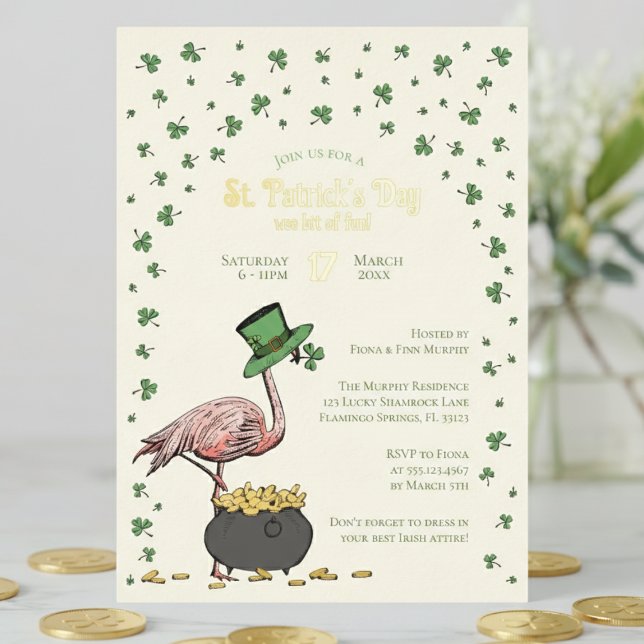 Irish Shamrock Flamingo St Patrick's Day Party Folieneinladung (Elegant ivory Funny Irish Flamingo St Patrick's Day Party Invitations. Lucky Green Shamrock & Coins)