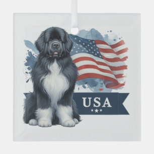Irish Spot Newfie Patriotisches Quadrat  Ornament Aus Glas