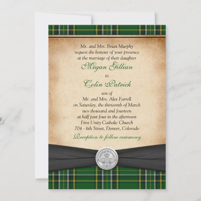Irish Tartan Celtic Claddagh Lucky in Liebe Weddin Einladung (Vorderseite)