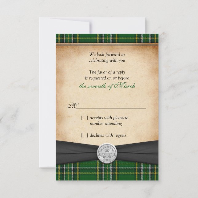 Irish Tartan Celtic Claddagh Lucky Wedding RSVP (Vorderseite)