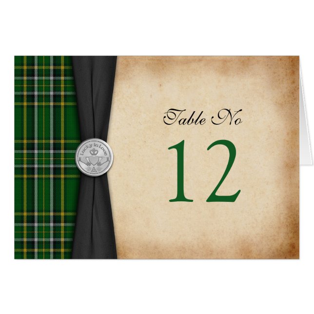 Irish Tartan Celtic Claddagh Wedding Table Card (Vorderseite (Horizontal))