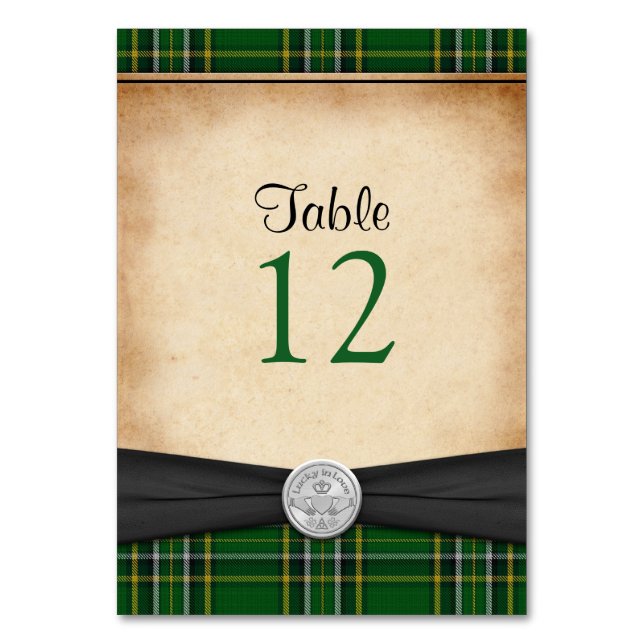 Irish Tartan Claddagh Celtic Wedding Table Card Tischnummer (Vorderseite)