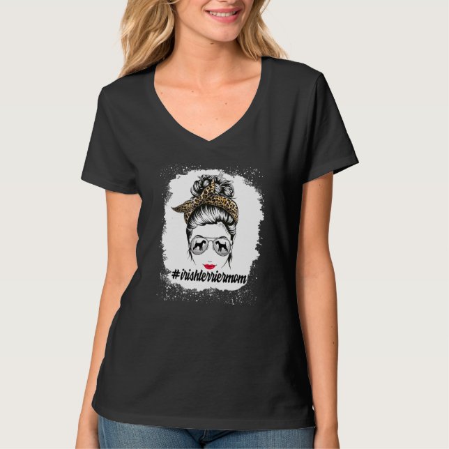 Irish Terrier Dog Mama Bleached Messy Bun Leopard  T-Shirt (Vorderseite)