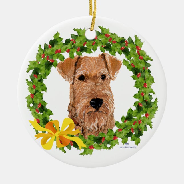 Irish Terrier Holly Wreath Keramik Ornament (Vorne)