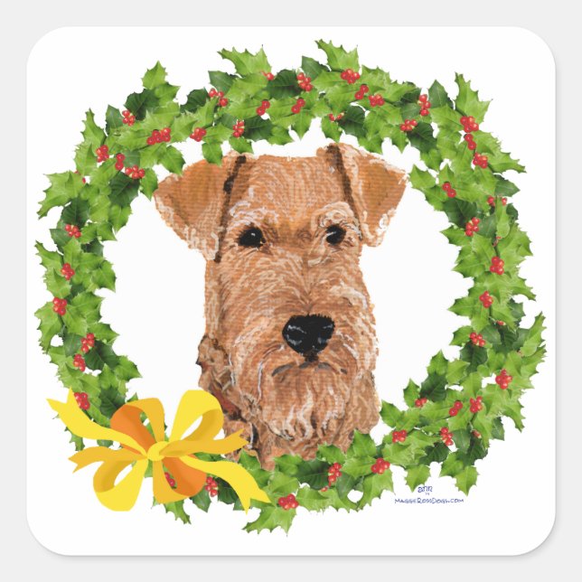 Irish Terrier Holly Wreath Quadratischer Aufkleber (Vorderseite)