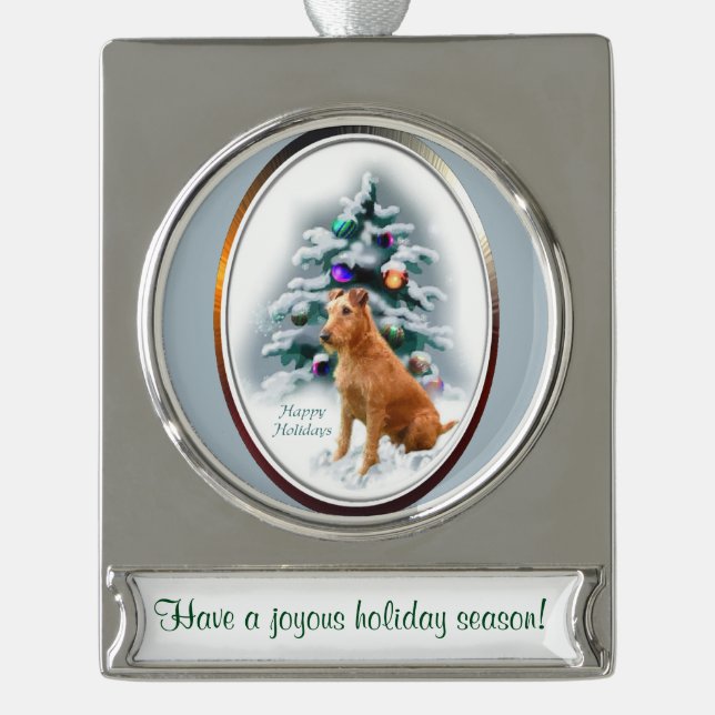 Irish Terrier Personalisiert Weihnachten Banner-Ornament Silber (Vorderseite)