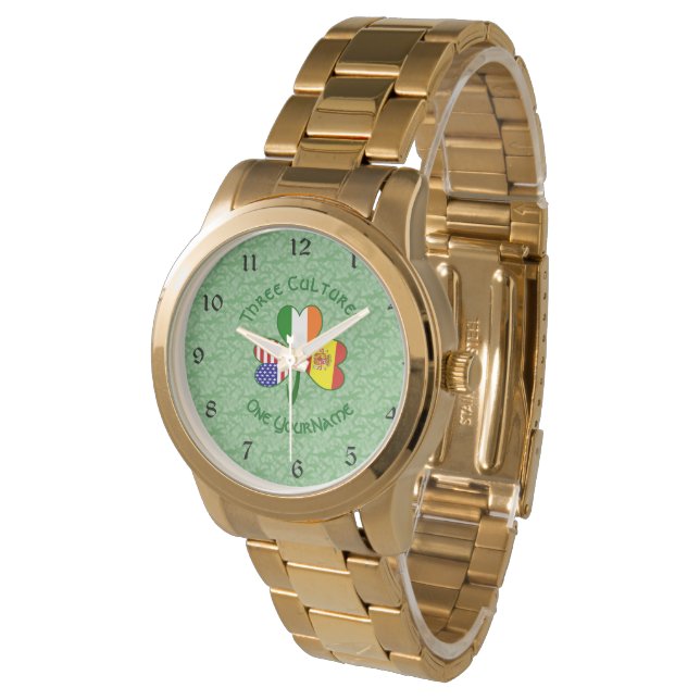 Irish USA Flaggen Kleeblatt Personalisiert Armbanduhr (Schrägansicht)