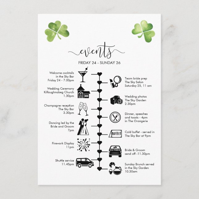 Irish Wedding Timeline Guest Itinerary Hinweiskarte (Vorderseite)