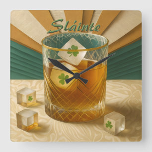 Irish Whiskey Tumbler Shamrock Eis "Sláinte!" Quadratische Wanduhr