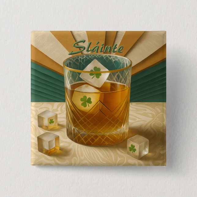 Irish Whiskey Tumbler Shamrock Ice "Sláinte!" Button (Vorderseite)