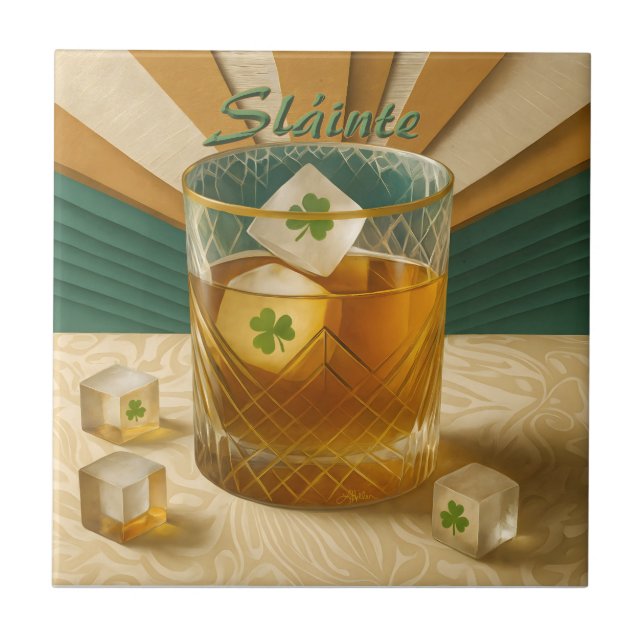 Irish Whiskey Tumbler Shamrock Ice "Sláinte!" Fliese (Vorderseite)