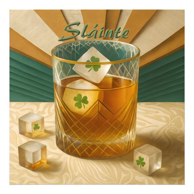 Irish Whiskey Tumbler Shamrock Ice "Sláinte!" Fotodruck (Vorne)