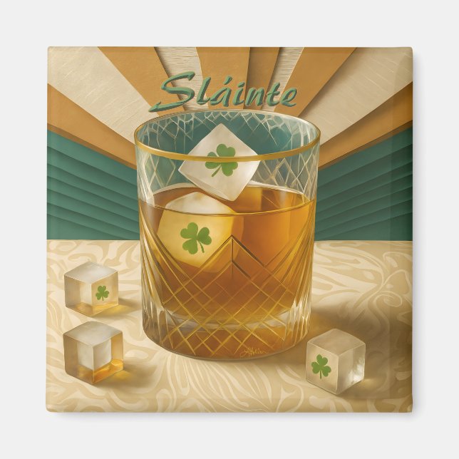 Irish Whiskey Tumbler Shamrock Ice "Sláinte!" Magnet (Vorne)