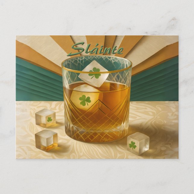 Irish Whiskey Tumbler Shamrock Ice "Sláinte!" Postkarte (Vorderseite)