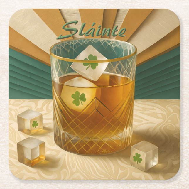 Irish Whiskey Tumbler Shamrock Ice "Sláinte!" Rechteckiger Pappuntersetzer (Vorderseite)