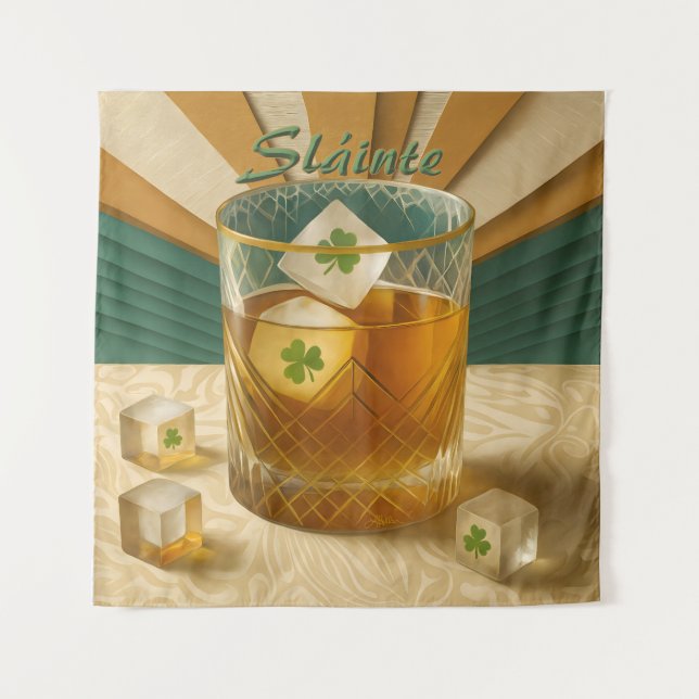 Irish Whiskey Tumbler Shamrock Ice "Sláinte!" Wandteppich (Vorderseite)