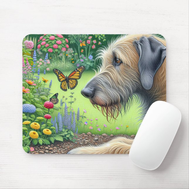 Irish Wolfhound beim Schmetterlingsschauen Mousepad (Mit Mouse)