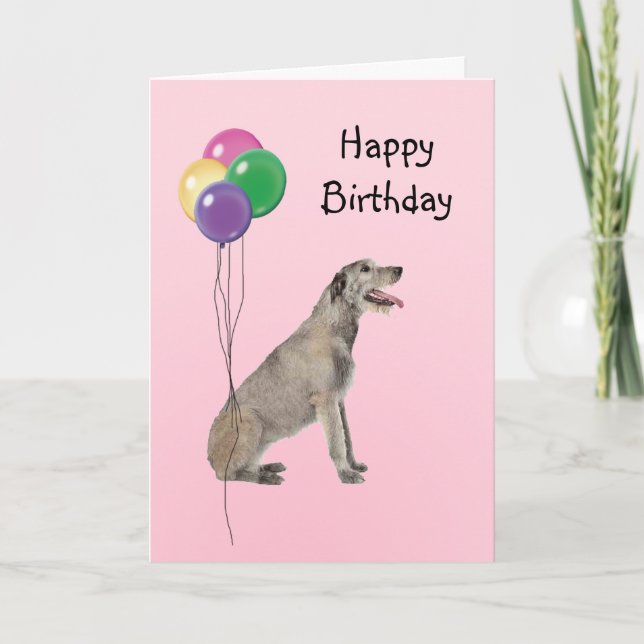 Irish Wolfhound, Birthday Balloons Karte (Vorderseite)