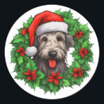 Irish Wolfhound Christmas Wreath Runder Aufkleber<br><div class="desc">Fügen Sie Ihrer Urlaubskorrespondenz eine festliche Touch mit unseren festlichen Irish Wolfhund Weihnachtskreideklebern hinzu! Diese hübschen Aufkleber zeigen ein lebendiges Bild eines grünen Weihnachtsschadens, in dessen Mitte das bezaubernde Lächeln eines irischen Wolfshundes eine fröhliche rote Weihnachtsmannmütze trägt. Diese hochwertigen Aufkleber eignen sich ideal für Hundefreunde und Urlauber und eignen sich...</div>